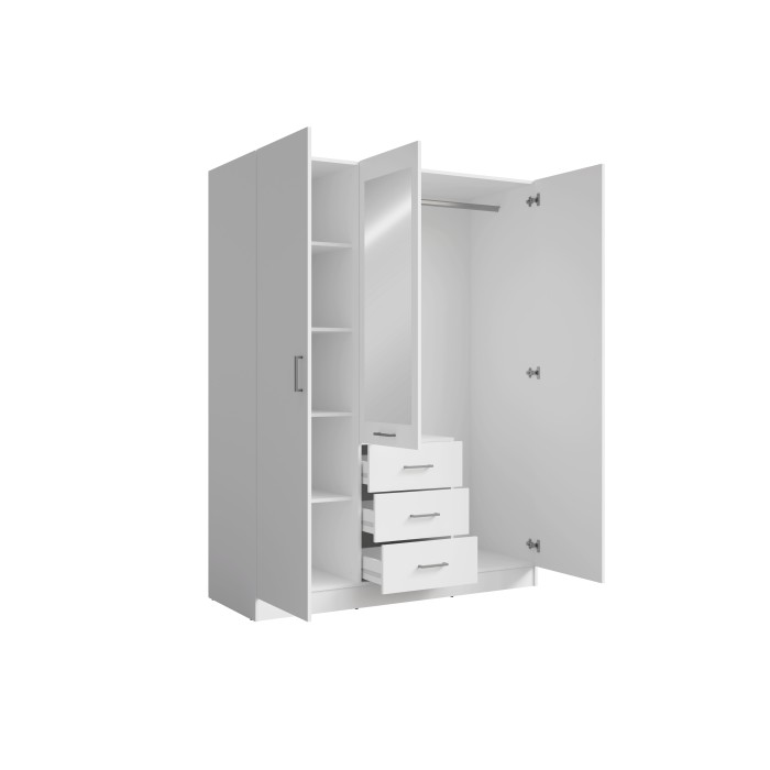 Kleiderschrank KALISTA 151 cm mattweiß mit Spiegel und 3 Schubladen – 3 Drehtüren