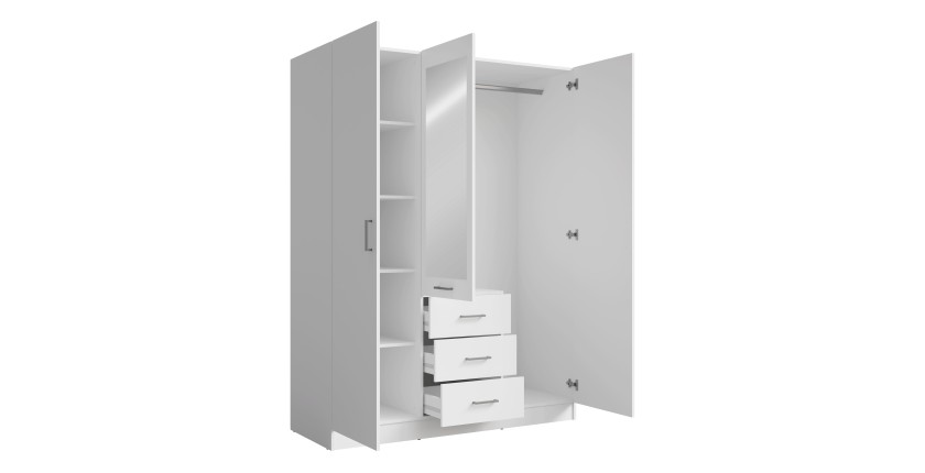 Armoire KALISTA 151 cm blanc mat avec miroir et 3 tiroirs – 3 portes battantes