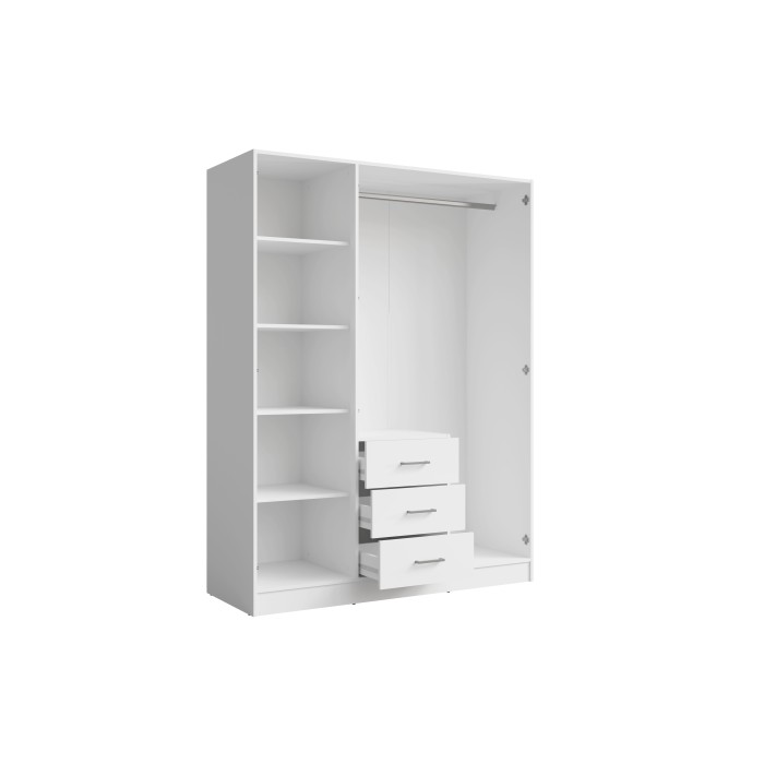 Kleiderschrank KALISTA 151 cm mattweiß mit Spiegel und 3 Schubladen – 3 Drehtüren