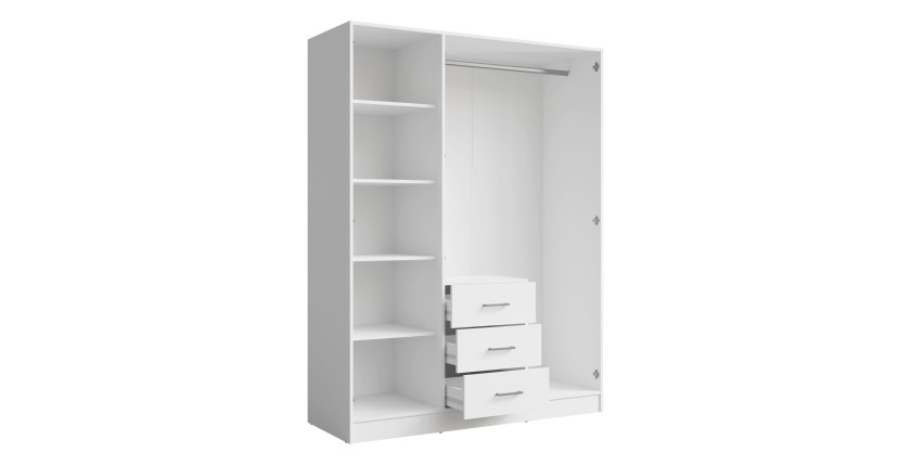 Armoire KALISTA 151 cm blanc mat avec miroir et 3 tiroirs – 3 portes battantes