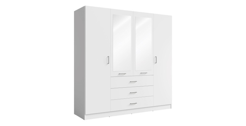 Armoire KALISTA 200 cm blanc mat – 4 portes battantes, 2 miroirs, 3 tiroirs