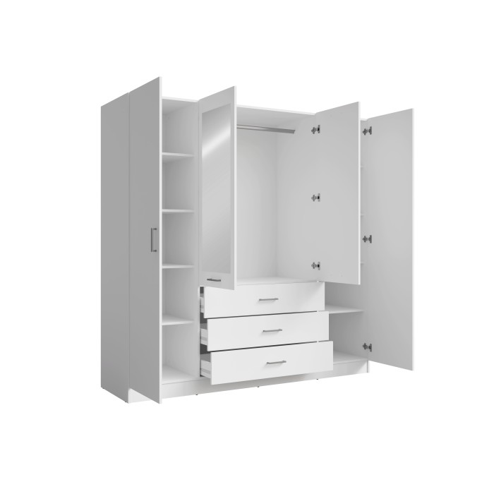 Schrank KALISTA 200 cm mattweiß – 4 Drehtüren, 2 Spiegel, 3 Schubladen