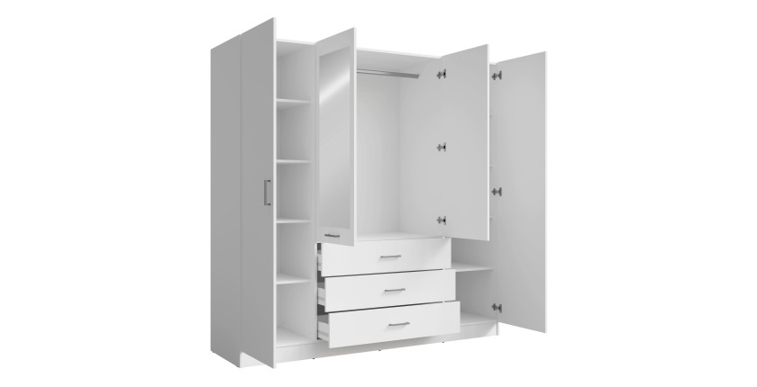 Armoire KALISTA 200 cm blanc mat – 4 portes battantes, 2 miroirs, 3 tiroirs
