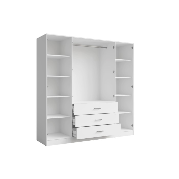 Schrank KALISTA 200 cm mattweiß – 4 Drehtüren, 2 Spiegel, 3 Schubladen