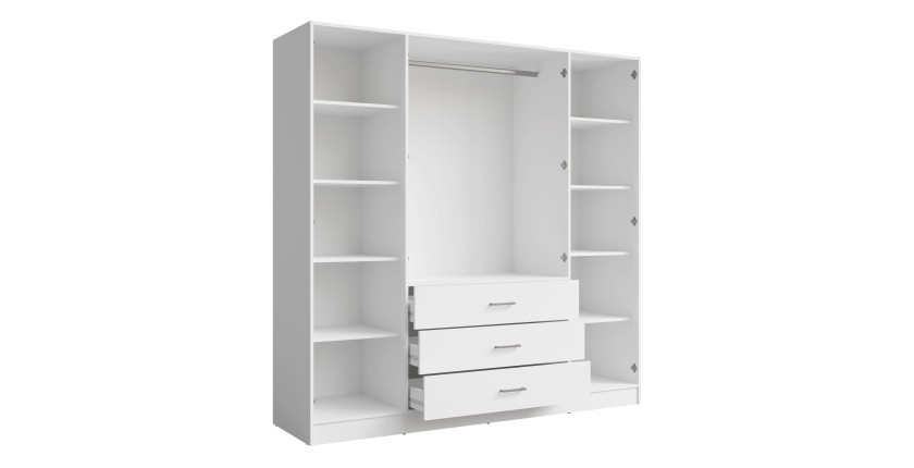 Armoire KALISTA 200 cm blanc mat – 4 portes battantes, 2 miroirs, 3 tiroirs