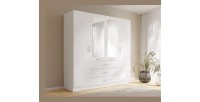 Armoire KALISTA 200 cm blanc mat – 4 portes battantes, 2 miroirs, 3 tiroirs