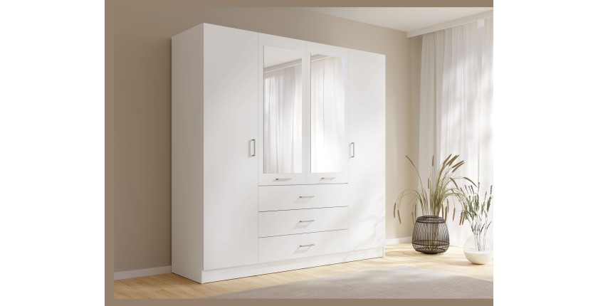 Armoire KALISTA 200 cm blanc mat – 4 portes battantes, 2 miroirs, 3 tiroirs