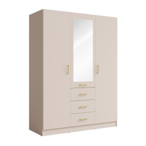 Armoire KALISTA 151 cm coloris sable avec miroir et 3 tiroirs – 3 portes battantes