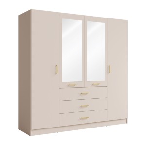 Armoire KALISTA 200 cm COLORIS sable – 4 portes, 2 miroirs, 3 tiroirs, poignées dorées