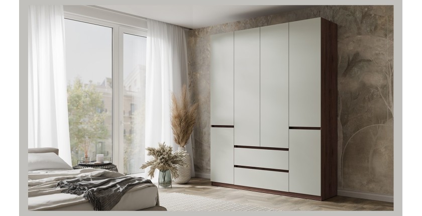 Armoire NUBIA 180 cm noyer et gris – 6 portes battantes avec 2 tiroirs