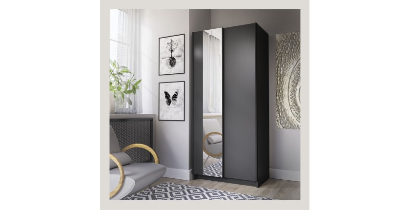 Armoire LYSIA 80 cm noir mat – 2 portes coulissantes avec miroir
