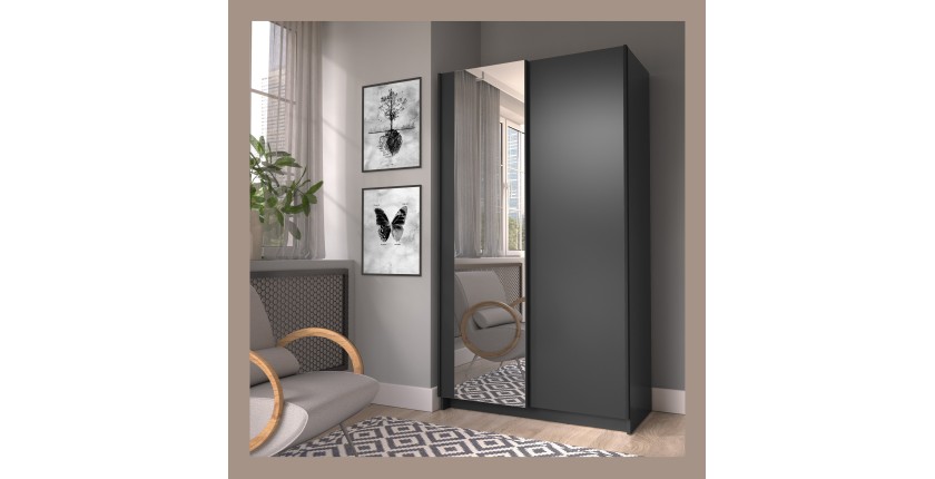 Armoire LYSIA 100 cm noir mat – 2 portes coulissantes avec miroir