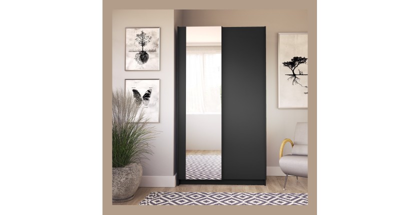 Armoire LYSIA 100 cm noir mat – 2 portes coulissantes avec miroir