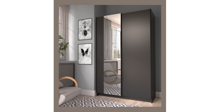 Armoire LYSIA 120 cm noir mat – 2 portes coulissantes avec miroir