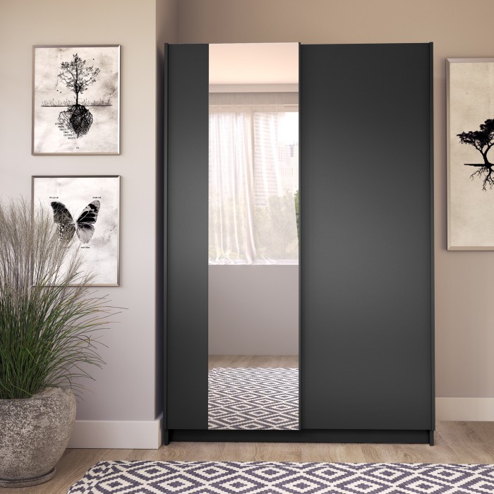 Kast LYSIA 120 cm mat zwart - 2 schuifdeuren met spiegel