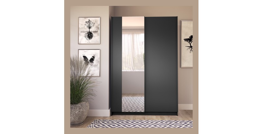 Armoire LYSIA 120 cm noir mat – 2 portes coulissantes avec miroir