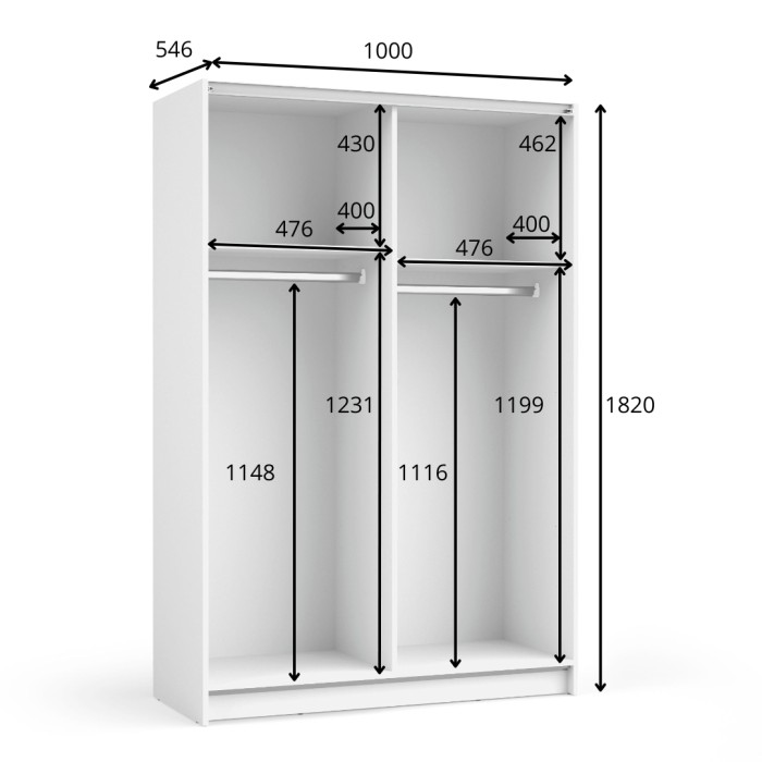 Kast LYSIA met 2 schuifdeuren en spiegel - 100 x 182 x 55 cm - Kleur wit
