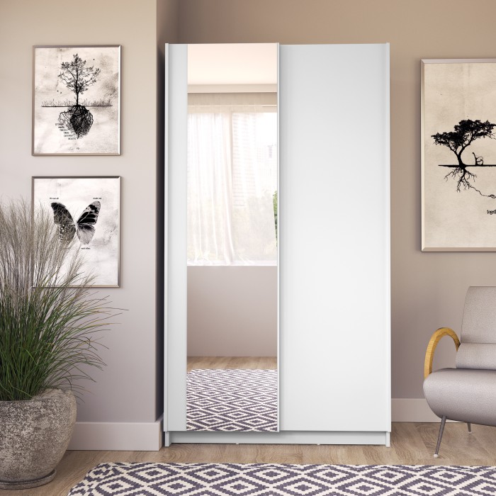 Kast LYSIA met 2 schuifdeuren en spiegel - 100 x 182 x 55 cm - Kleur wit