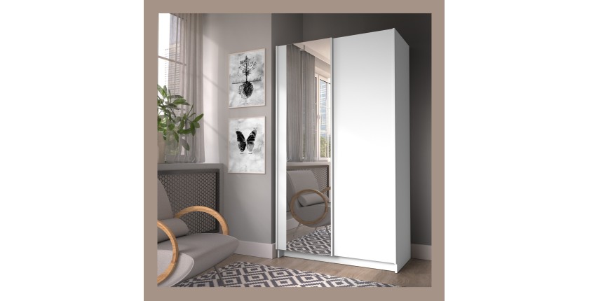 Armoire LYSIA 2 portes coulissantes avec miroir – 100 x 182 x 55 cm – Coloris blanc