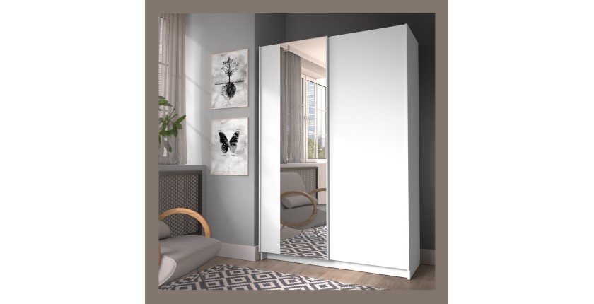 Armoire LYSIA 2 portes coulissantes avec miroir – 120 x 182 x 55 cm – Coloris blanc