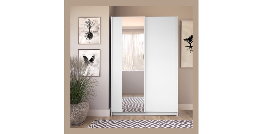 Armoire LYSIA 2 portes coulissantes avec miroir – 120 x 182 x 55 cm – Coloris blanc