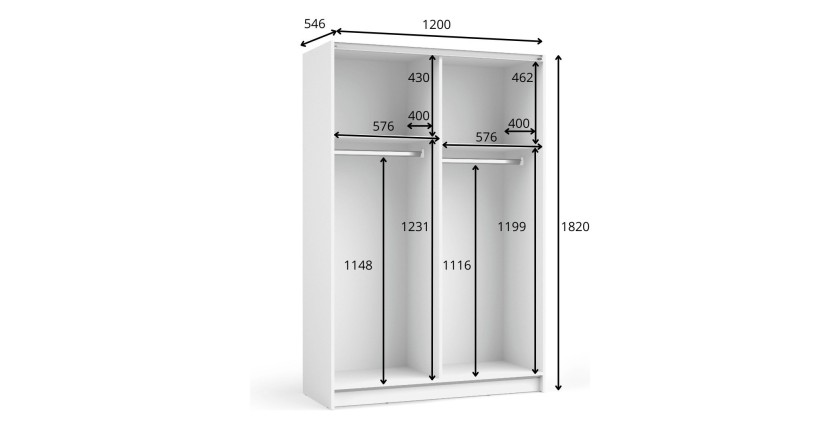 Armoire LYSIA 2 portes coulissantes avec miroir – 120 x 182 x 55 cm – Coloris blanc