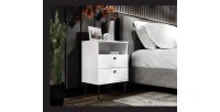 Table de Chevet 2 Tiroirs avec Niche – Coloris blanc – Pieds droits noirs – Collection Aurora