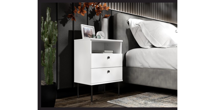 Table de Chevet 2 Tiroirs avec Niche – Coloris blanc – Pieds droits noirs – Collection Aurora