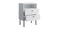 Table de Chevet 2 Tiroirs avec Niche – Coloris blanc – Pieds droits noirs – Collection Aurora