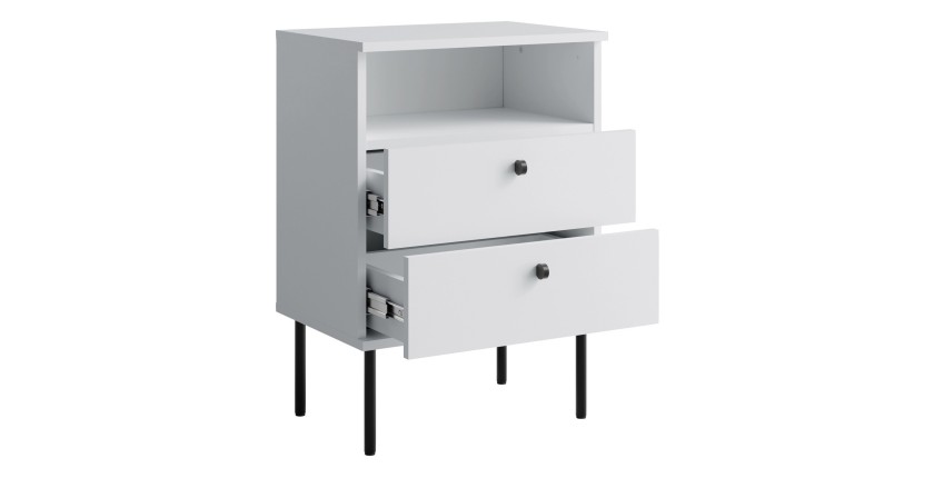 Table de Chevet 2 Tiroirs avec Niche – Coloris blanc – Pieds droits noirs – Collection Aurora