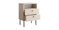 Table de Chevet 2 Tiroirs avec Niche – Coloris beige – Pieds droits et poignées noires – Collection Aurora