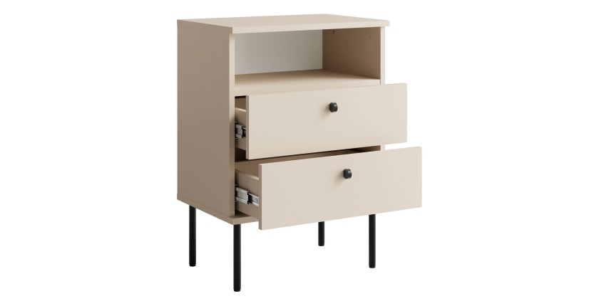 Table de Chevet 2 Tiroirs avec Niche – Coloris beige – Pieds droits et poignées noires – Collection Aurora