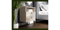 Table de Chevet 2 Tiroirs avec Niche – Coloris beige – Pieds droits et poignées noires – Collection Aurora