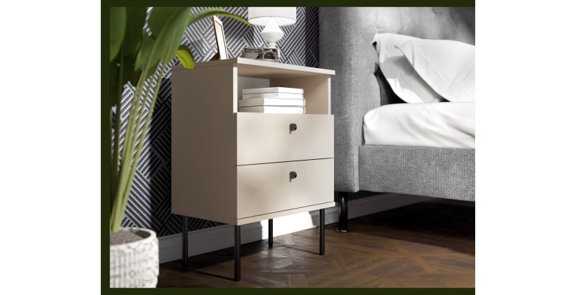 Table de Chevet 2 Tiroirs avec Niche – Coloris beige – Pieds droits et poignées noires – Collection Aurora