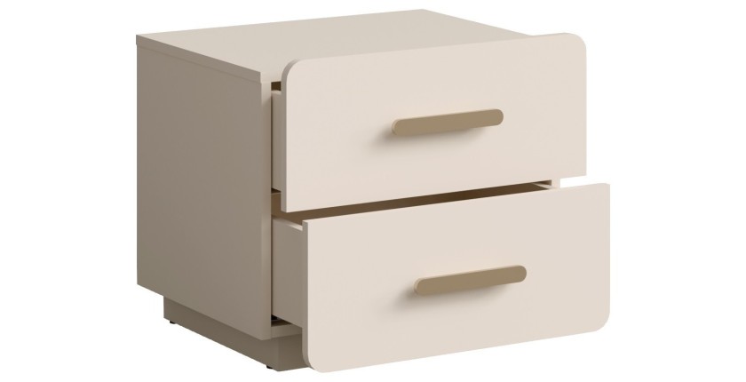 Lot de 2 tables de chevet AMALIE – 2 tiroirs – Coloris beige – Poignées dorées – Design arrondi