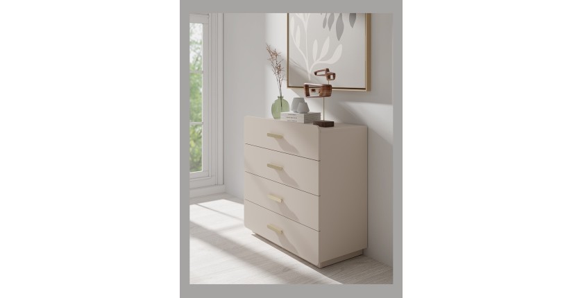 Commode 4 tiroirs AMALIE – Coloris beige sable – L100 x H93 x P42 cm – Finition élégante et formes douces