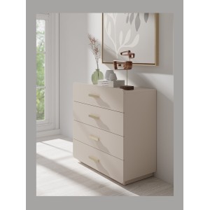 Commode 4 tiroirs AMALIE – Coloris beige sable – L100 x H93 x P42 cm – Finition élégante et formes douces