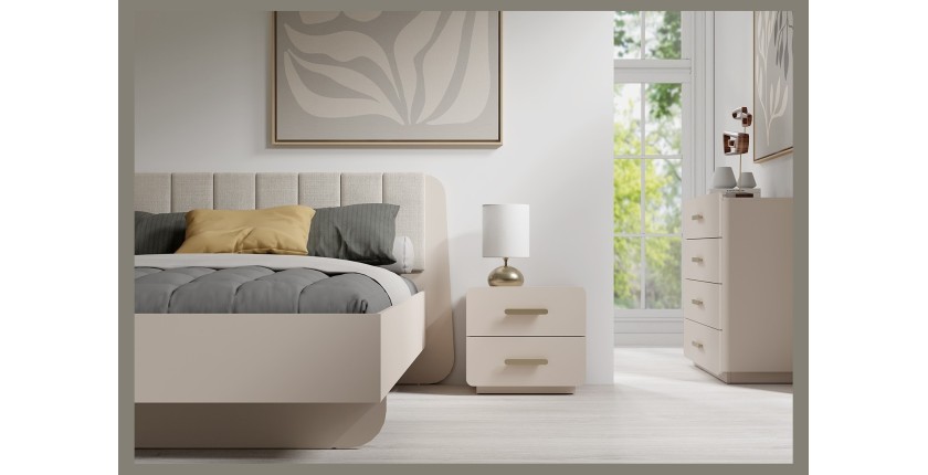 Lit coffre AMALIE 160x200 cm – Tête tapissée tissu beige – Sommier inclus – Matelas non inclus