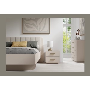 Lit coffre AMALIE 160x200 cm – Tête tapissée tissu beige – Sommier inclus – Matelas non inclus