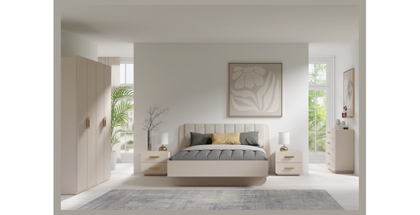 Lit coffre AMALIE 160x200 cm – Tête tapissée tissu beige – Sommier inclus – Matelas non inclus