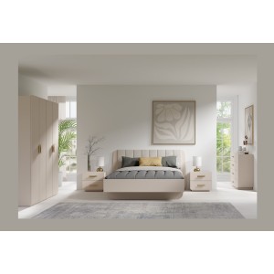 Lit coffre AMALIE 160x200 cm – Tête tapissée tissu beige – Sommier inclus – Matelas non inclus