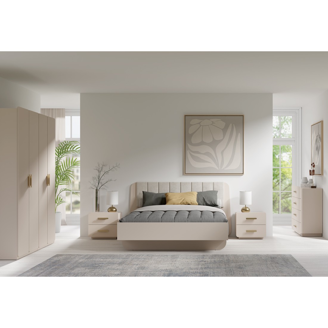 chambre complète AMALIE, lit 160x200 sommier inclus, armoire avec étagères, chambre beige design, ensemble chambre adulte, mobil