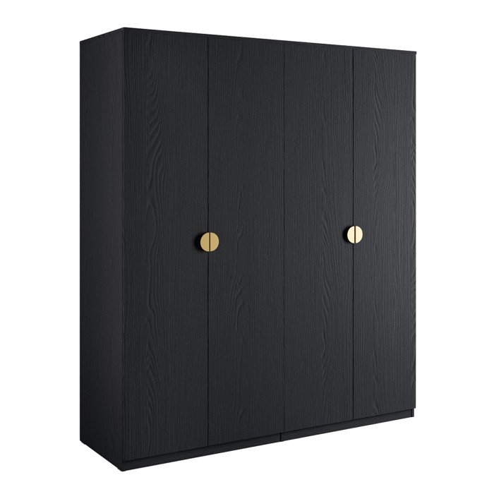 Armoire 4 portes noir structuré et doré – 2 penderies + 4 étagères – Collection MONDO