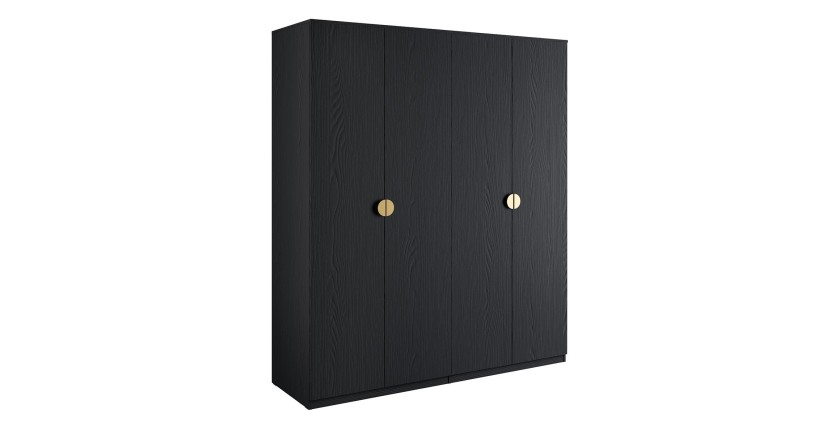 Armoire 4 portes noir structuré et doré – 2 penderies + 4 étagères – Collection MONDO