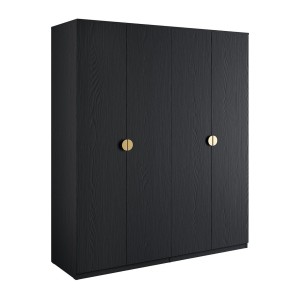 Armoire 4 portes noir structuré et doré – 2 penderies + 4 étagères – Collection MONDO