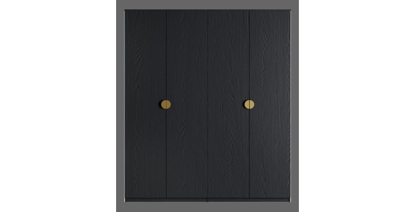 Armoire 4 portes noir structuré et doré – 2 penderies + 4 étagères – Collection MONDO
