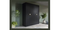 Armoire 4 portes noir structuré et doré – 2 penderies + 4 étagères – Collection MONDO