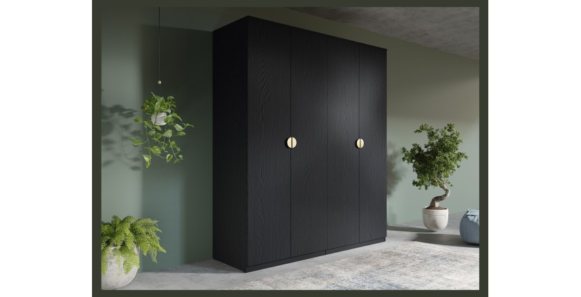 Armoire 4 portes noir structuré et doré – 2 penderies + 4 étagères – Collection MONDO