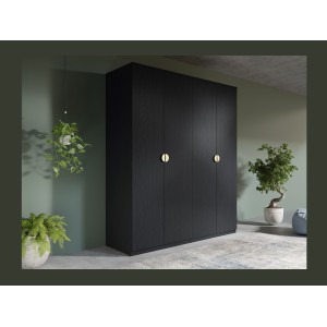 Armoire 4 portes noir structuré et doré – 2 penderies + 4 étagères – Collection MONDO