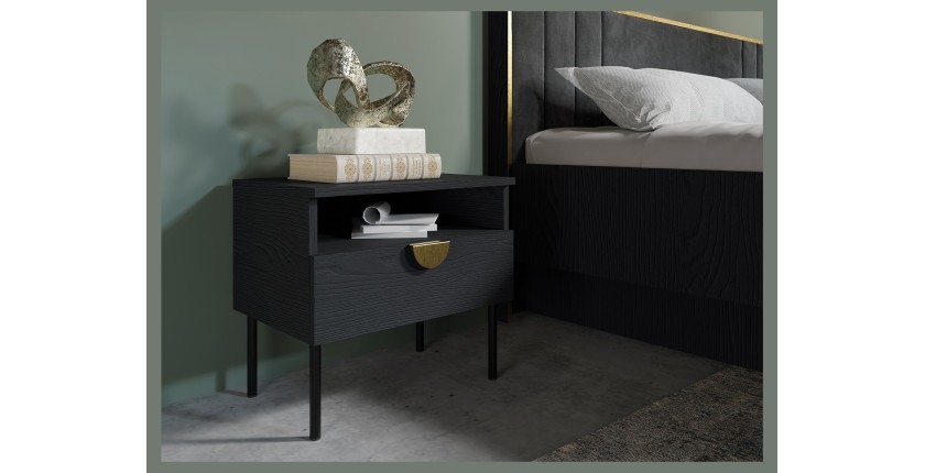 Lot de 2 tables de chevet MONDO – Noir structuré et doré – 1 tiroir + niche – Style moderne chic